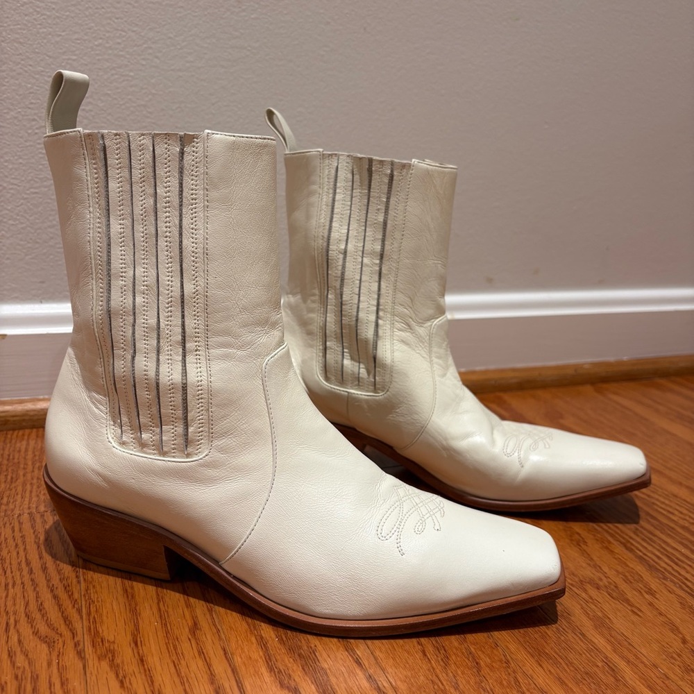 Mari Giudicelli Women's White Leather Western Boots‎ Square Toe Sz 37